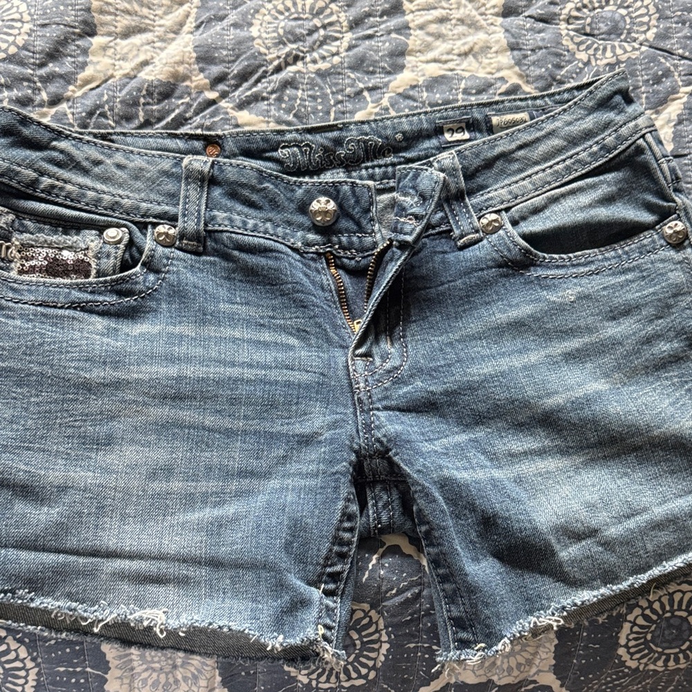 Miss Me Medium Blue Frayed Hem Denim Shorts